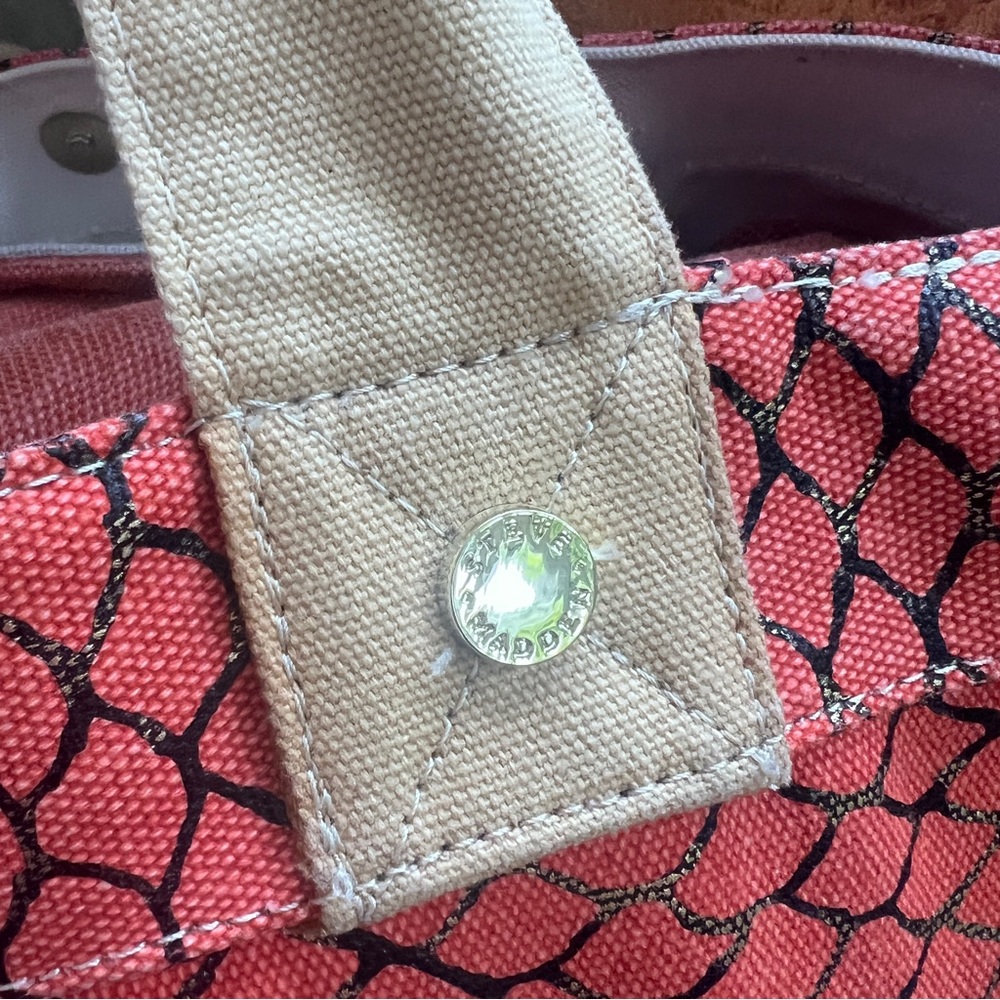 Steve Madden Red Patterned Canvas Tote with Tan Handles - Picture 6 of 11